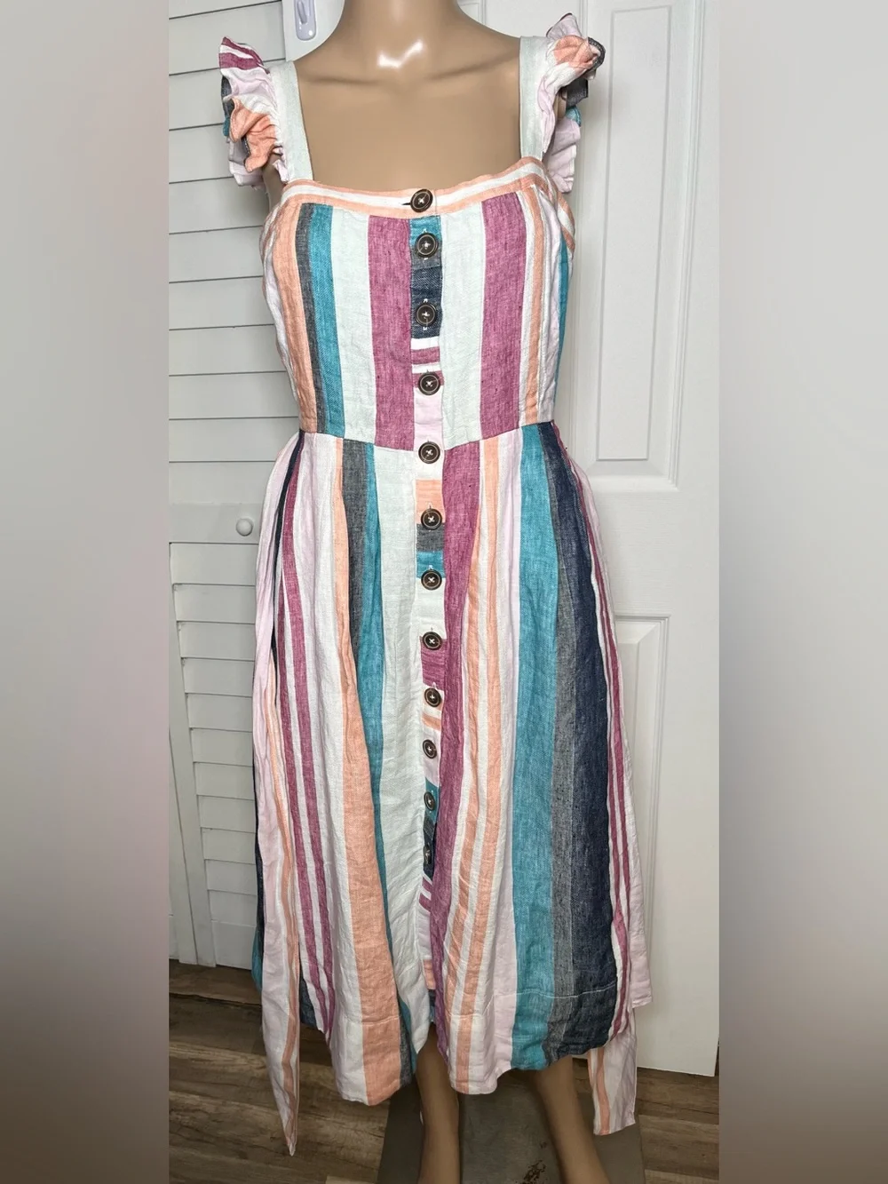 NWT J.Crew Multi-Color Striped Linen Midi Dress with Ruffle Straps Size 2